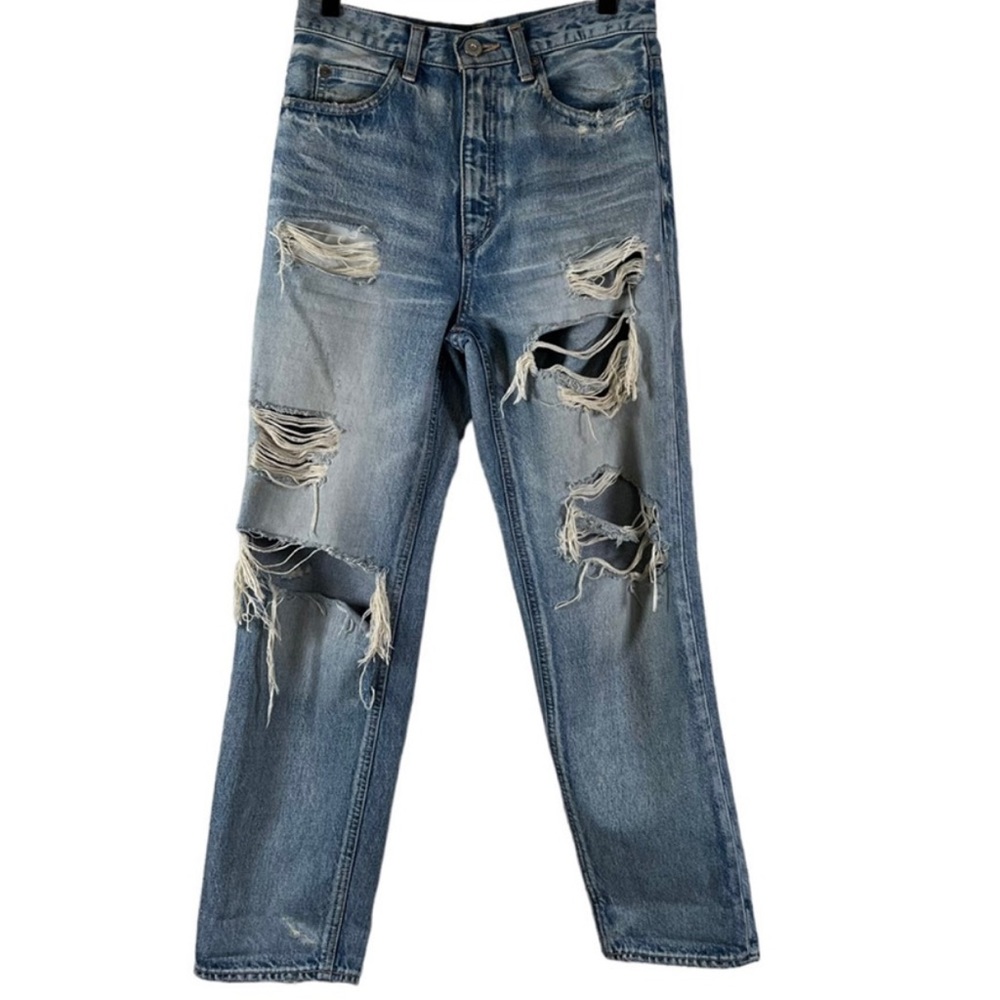 Moussy Womens Tapered Jeans Blue Distressed Medium Wash High Rise Denim Japan 26